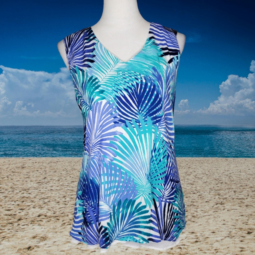 🦋Hailey Lyn Layered Tropical Blues Palm Frond Print Sleeveless Top